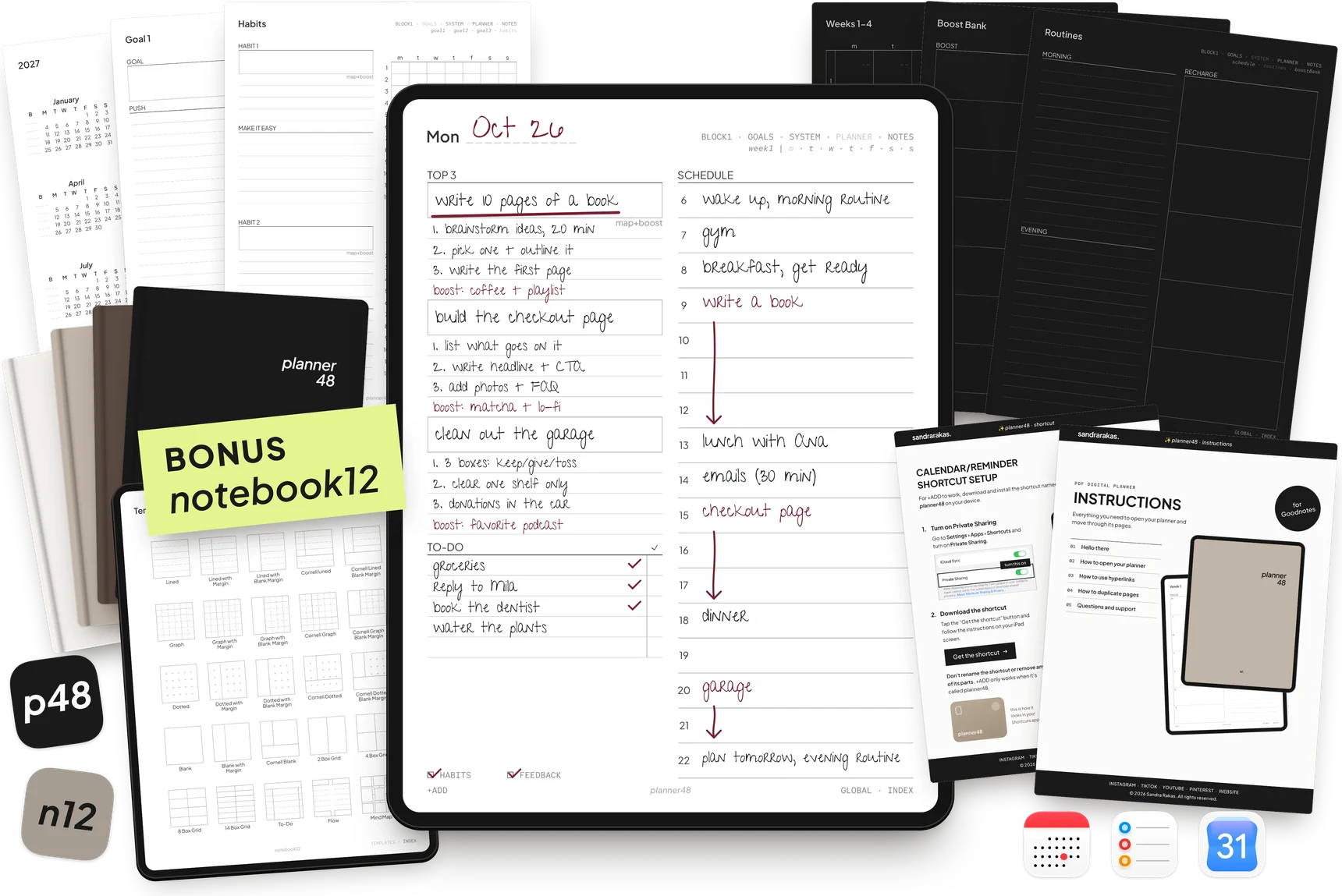 planner48 pages in Light and Dark mode, a filled-in daily page with map + boost, the bonus notebook12, and the setup guides